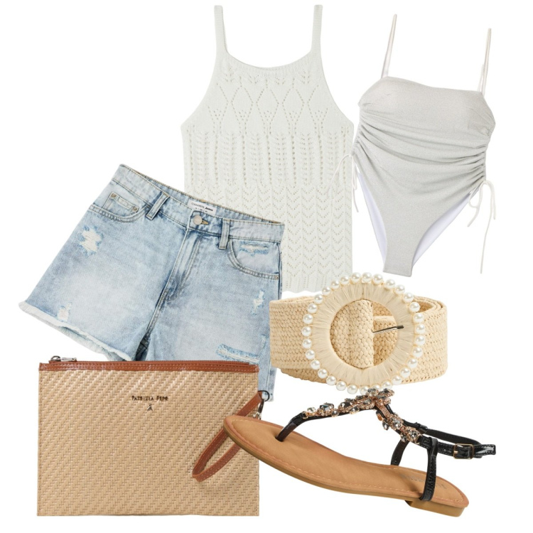Outfit donna - Serata in spiaggia. Stile Casual per Serata fuori. Abbinamento con shorts, top, sandali gioiello, cinture, costumi interi, clutch.
