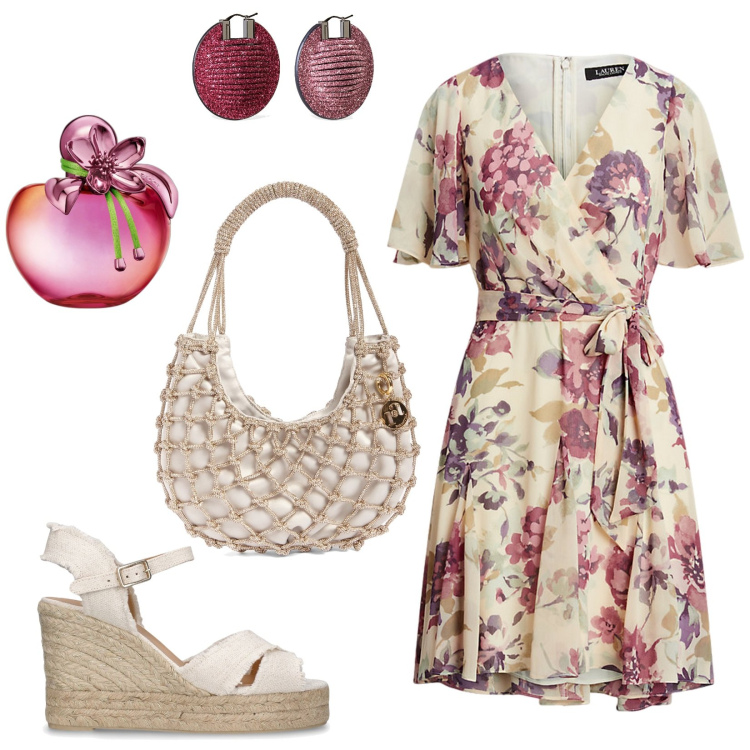 Outfit donna - Leggera come l\'aria. Stile Glamour per Tutti i giorni. Abbinamento con profumi, vestiti, orecchini, borse a mano, espadrillas.