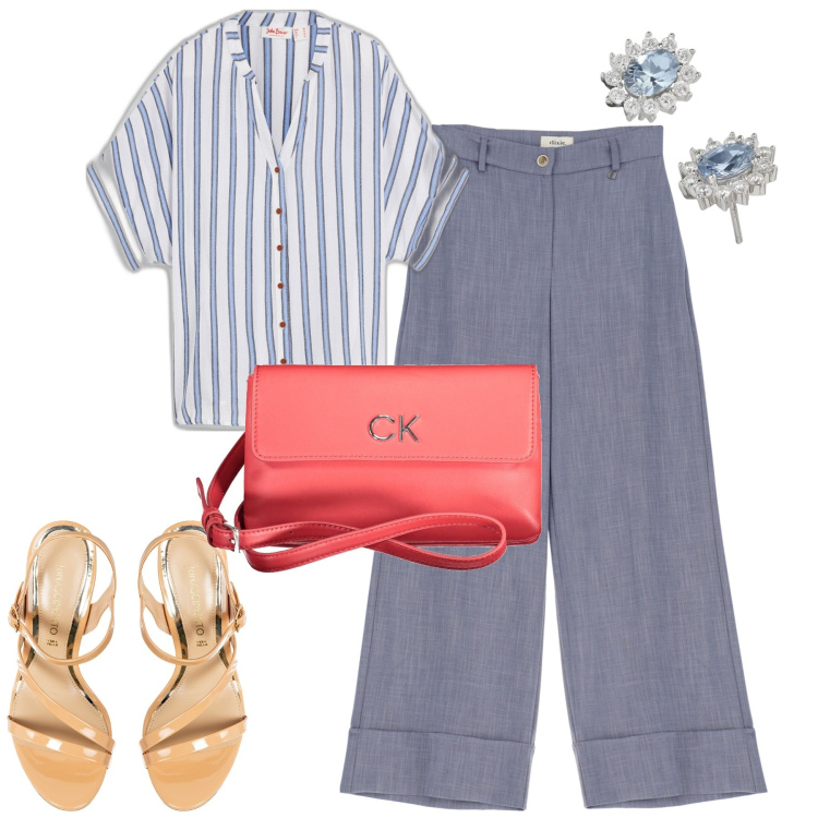 Outfit donna - City. Stile Chic per Tutti i giorni. Abbinamento con camicie, orecchini, sandali in pelle, pantaloni a palazzo, borse a tracolla.