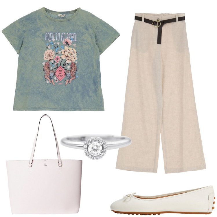 Outfit donna - Dixie sales. Stile Casual per Serata fuori. Abbinamento con anelli, pantaloni a palazzo, t-shirt, ballerine, borse tote.