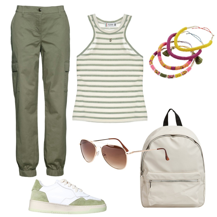 Outfit donna - Sporty. Stile Sporty chic per Tutti i giorni. Abbinamento con pantaloni cargo, occhiali da sole, braccialetti, zaini, top, sneakers.
