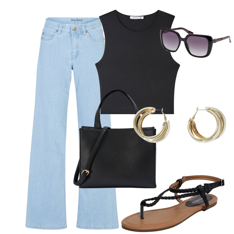 Outfit donna - Summer days. Stile Casual chic per Tutti i giorni. Abbinamento con jeans, ciabatte, canottiere, shopping bag, orecchini, occhiali da sole.