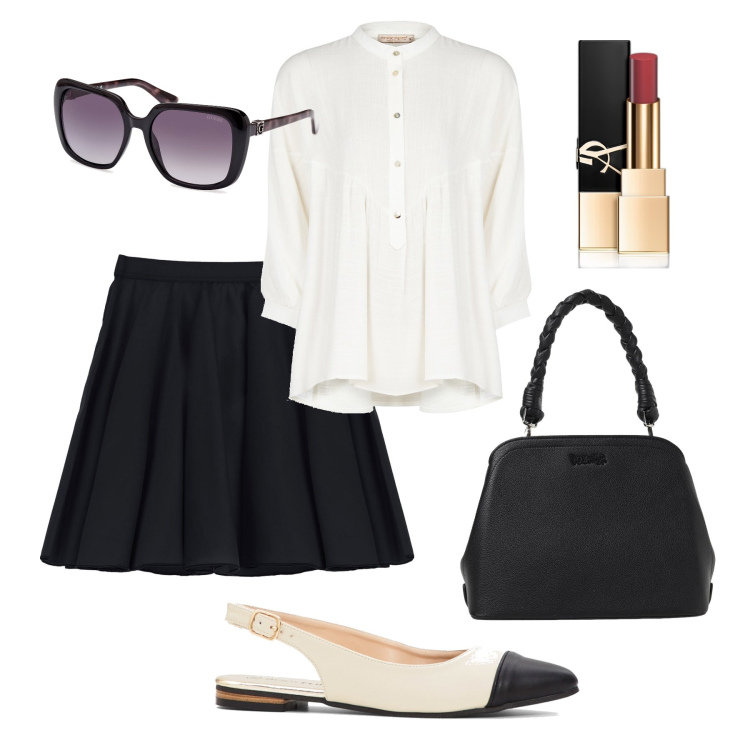 Outfit donna - Estate preppy in città. Stile Preppy per Tutti i giorni. Abbinamento con ballerine, rossetti, bluse, minigonne, occhiali da sole, borse a spalla.