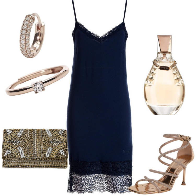 Outfit donna - Serata fuori. Stile Sexy per Serata fuori. Abbinamento con profumi, sandali col tacco, orecchini, anelli, vestiti midi/longuette, pochette.