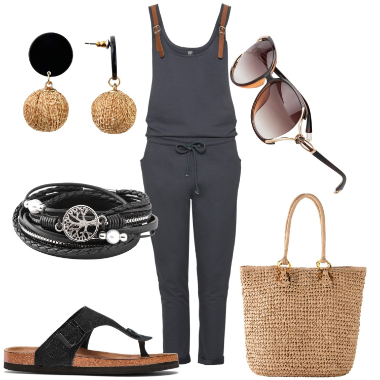 Outfit donna - Un giro in scooter. Stile Urban per Tutti i giorni. Abbinamento con orecchini, infradito, occhiali da sole, braccialetti, tute, shopping bag.