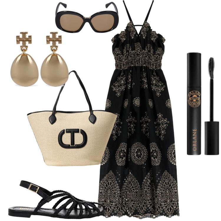 Outfit donna - Mare. Stile Trendy per Mare. Abbinamento con mascara, vestiti lunghi, sandali, orecchini, occhiali da sole, borse tote.