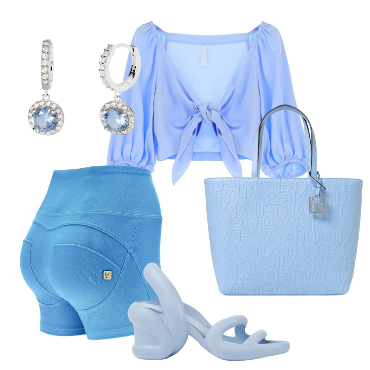 Outfit donna - Total look #1922634. Stile Casual per Tutti i giorni. Abbinamento con orecchini, top, shorts, borse tote, sandali col tacco.