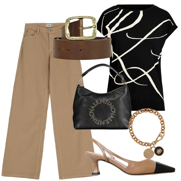 Outfit donna - Luglio. Stile Casual chic per Tutti i giorni. Abbinamento con cinture, pantaloni, maglieria, braccialetti con ciondoli, scarpe col tacco, borse a spalla.