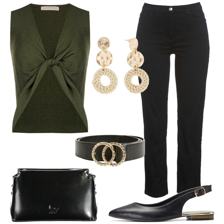 Outfit donna - Il top in maglia. Stile Chic per Serata fuori. Abbinamento con ballerine, orecchini, pantaloni, cinture, top, borse a tracolla.