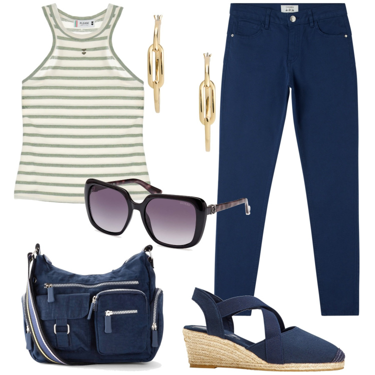 Outfit donna - Per tutti i giorni. Stile Casual per Tutti i giorni. Abbinamento con borse a tracolla, sandali col tacco, pantaloni, top, orecchini, occhiali da sole.