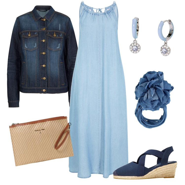 Outfit donna - Blue denim. Stile Casual chic per Tutti i giorni. Abbinamento con vestiti, sandali col tacco, cappotti, orecchini, collane, clutch.