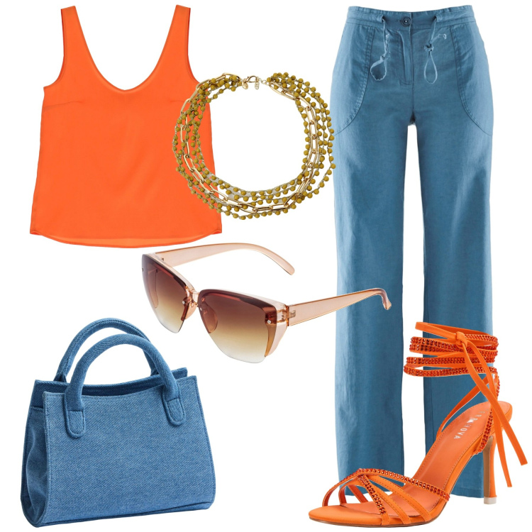 Outfit donna - Alla festa della birra. Stile Trendy per Serata fuori. Abbinamento con pantaloni a palazzo, occhiali da sole, sandali alla schiava, borse a tracolla, canottiere, collane.