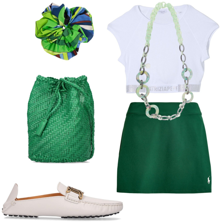 Outfit donna - Minigonna. Stile Basic per Tutti i giorni. look ideale per Petite. Abbinamento con minigonne, borse a spalla, accessori per capelli, top, collane, pantofole.