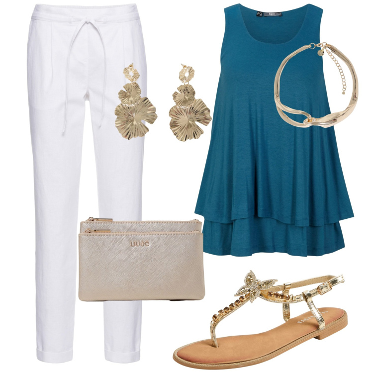 Outfit donna - Serata estiva. Stile Casual chic per Serata fuori. Abbinamento con pantaloni, top, sandali gioiello, collane, orecchini, pochette.