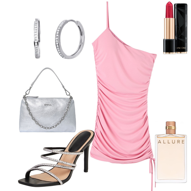 Outfit donna - Sexy allure. Stile Sexy per Serata fuori. Abbinamento con profumi, rossetti, sandali col tacco, vestiti corti, orecchini, pochette.