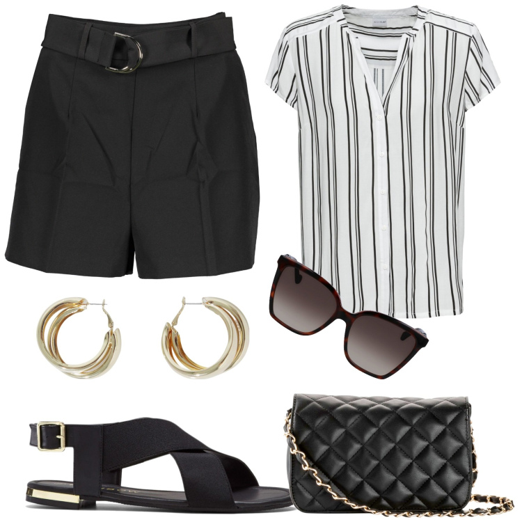 Outfit donna - In città. Stile Casual chic per Tutti i giorni. Abbinamento con camicie a manica corta, borse a tracolla, sandali, orecchini, pantaloni, occhiali da sole.