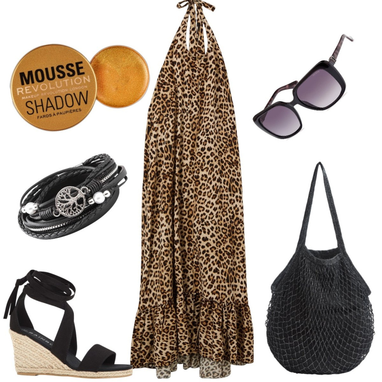 Outfit donna - Animalier. Stile Trendy per Tutti i giorni. Abbinamento con braccialetti, sandali, ombretti, vestiti lunghi, borse a tracolla, occhiali da sole.