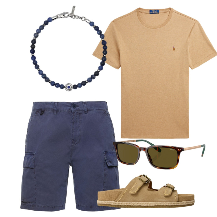 Outfit uomo - Le perline blu. Stile Casual per Tutti i giorni. Abbinamento con braccialetti, t-shirt, occhiali da sole, sandali, shorts.