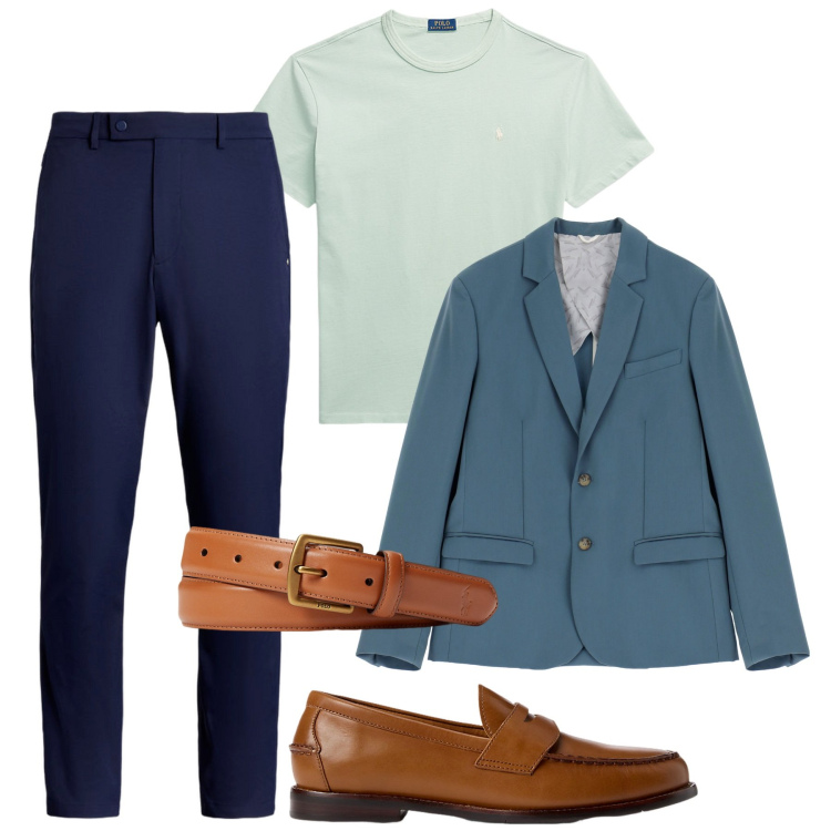 Outfit uomo - Agosto in tonalità mare. Stile Trendy per Serata speciale. Abbinamento con giacche, t-shirt, cinture, scarpe stringate, pantaloni.