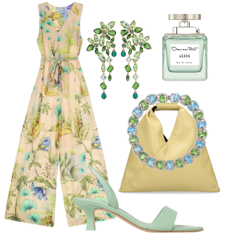 Outfit donna - Festa di compleanno !. Stile Glamour per Cerimonia. Abbinamento con profumi, tute, borse a mano, sandali in pelle, orecchini, collane.