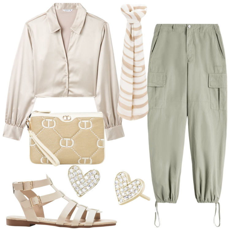 Outfit donna - Total look #1922711. Stile Casual per Tutti i giorni. Abbinamento con sandali, camicie, orecchini, foulard, pantaloni cargo, clutch.