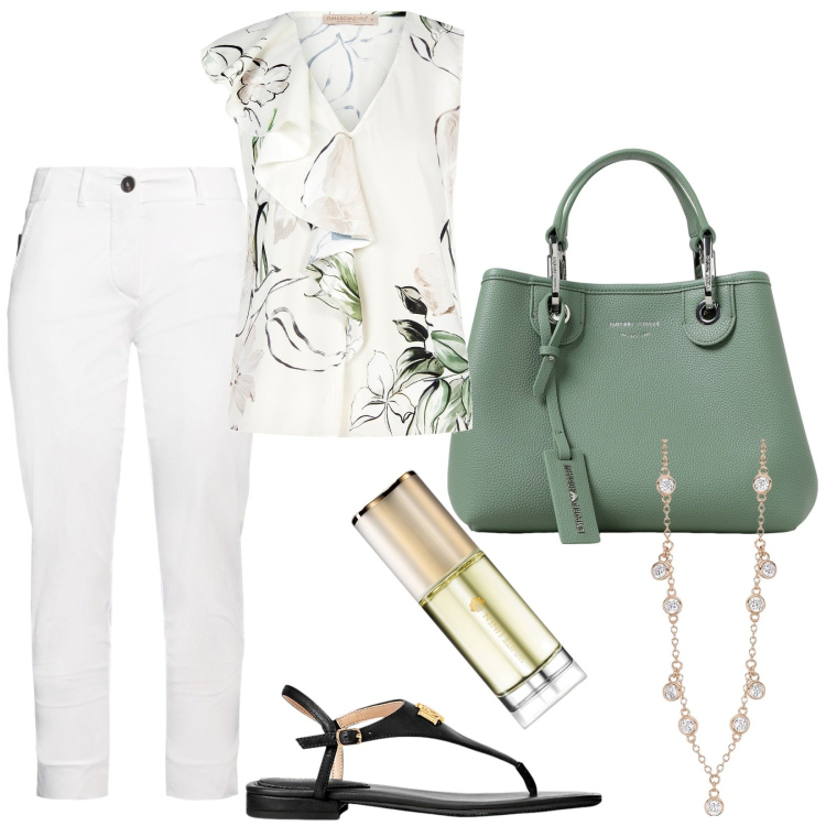 Outfit donna - Profumo rinfrescante Estée Lauder. Stile Casual per Ufficio. Abbinamento con pantaloni, profumi, collane, top, sandali in pelle, borse tote.