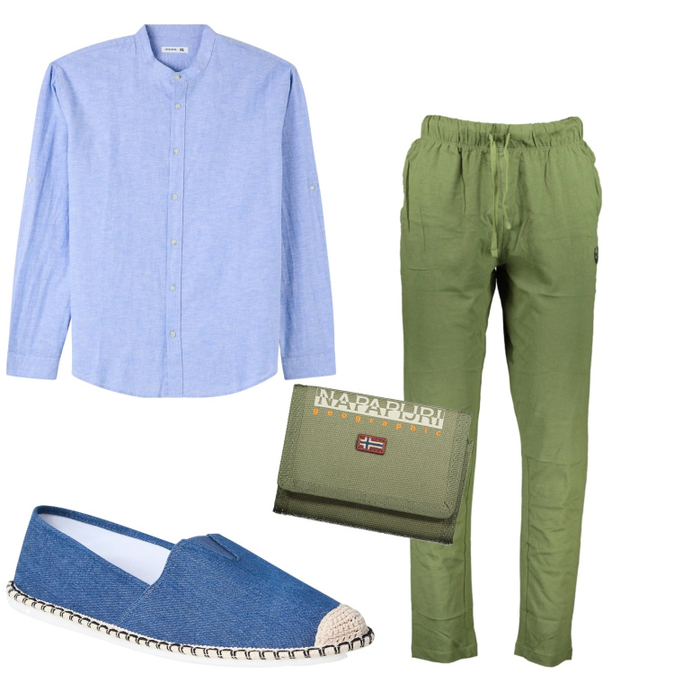 Outfit uomo - Giornata di ferie. Stile Casual per Tutti i giorni. Abbinamento con camicie, espadrillas, pantaloni, portafogli.