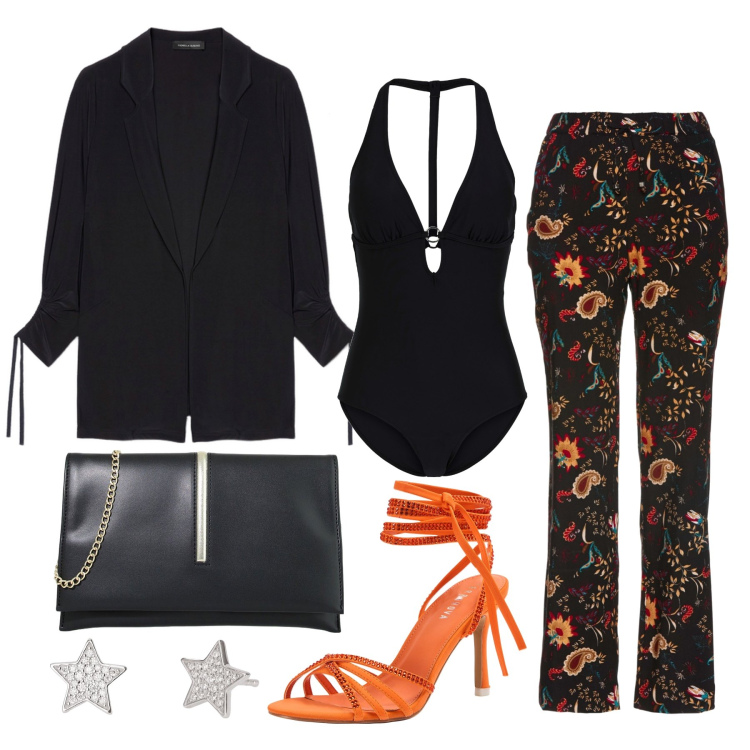 Outfit donna - Ghost outfitter - luglio. Stile Glamour per Serata fuori. Abbinamento con costumi interi, pantaloni, sandali alla schiava, orecchini, pochette, blazer.