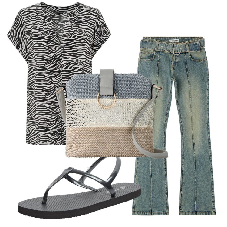 Outfit donna - Total look #1922739. Stile Trendy per Tutti i giorni. Abbinamento con bluse, borse a tracolla, jeans a zampa, sandali.