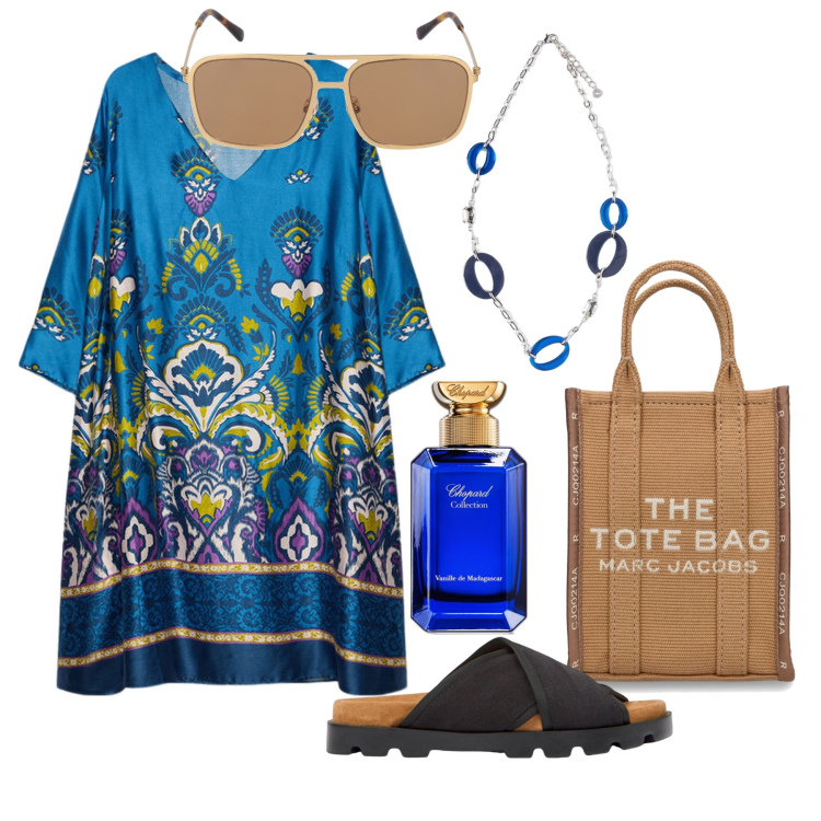 Outfit donna - Ghost outfitter - luglio. Stile Boho per Tutti i giorni. Abbinamento con profumi, vestiti corti, borse tote, occhiali da sole, ciondoli, sandali.
