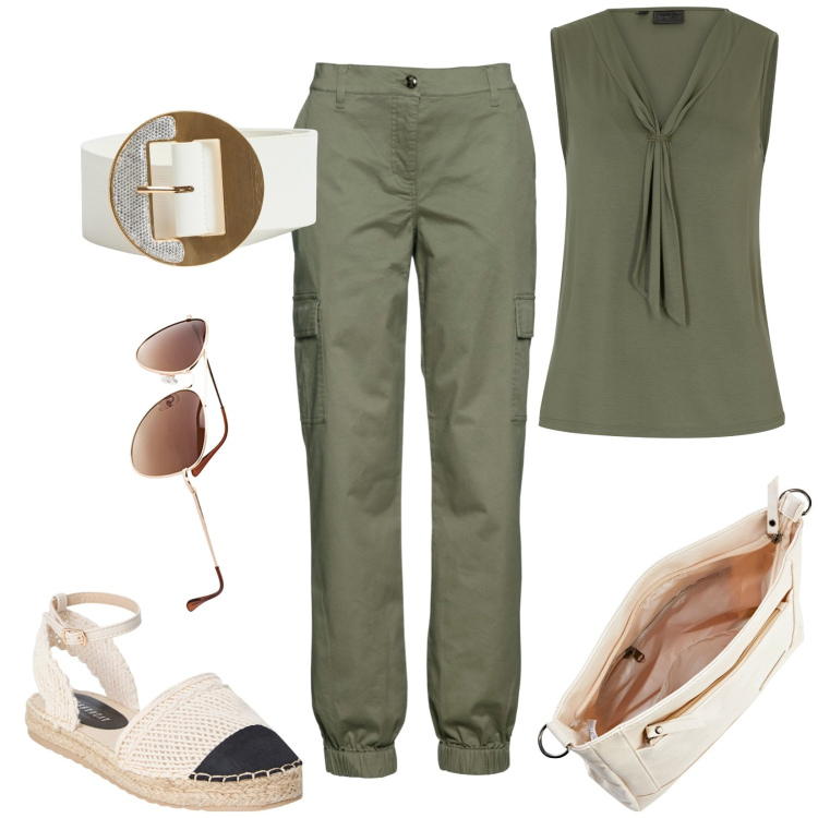 Outfit donna - Total look #1922746. Stile Casual per Tutti i giorni. Abbinamento con pantaloni cargo, top, occhiali da sole, borse a tracolla, espadrillas, cinture.