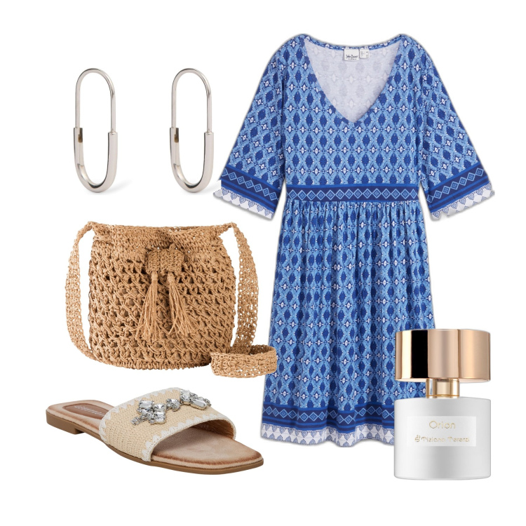Outfit donna - Ghost outfitter - luglio. Stile Boho per Tutti i giorni. Abbinamento con vestiti corti, borse a tracolla, profumi, ciabatte, orecchini.