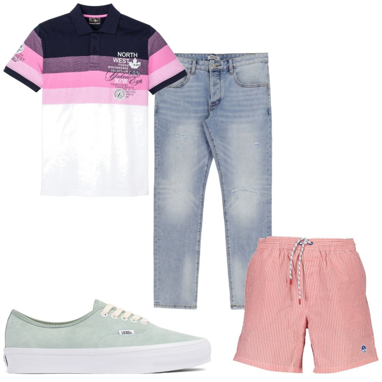 Outfit uomo - Total look #1922759. Stile Trendy per Mare. Abbinamento con polo, jeans slim fit, sneakers, costumi.