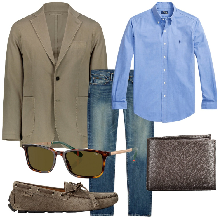 Outfit uomo - Riunione d\'ufficio. Stile Casual per Tutti i giorni. Abbinamento con scarpe stringate, camicie, occhiali da sole, jeans, giacche, portafogli.