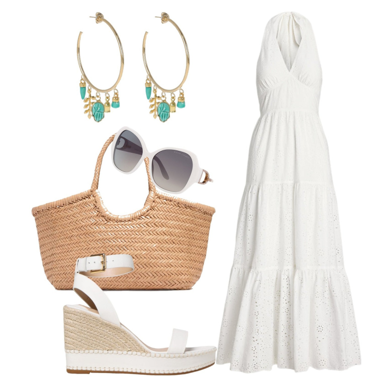 Outfit donna - Vacanze siciliane. Stile Romantica per Mare. Abbinamento con occhiali da sole, vestiti, shopping bag, orecchini, sandali in pelle.