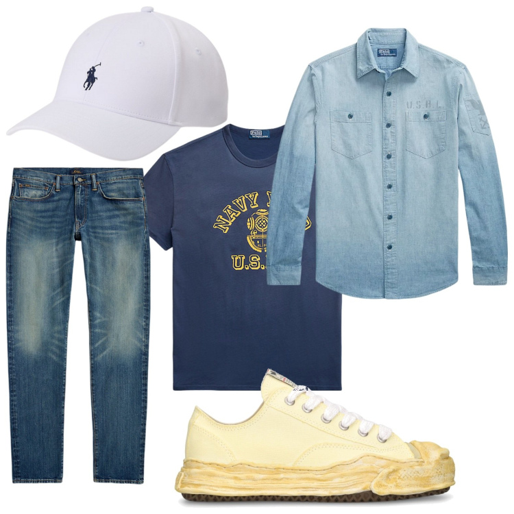 Outfit uomo - Una pizza con gli amici. Stile Trendy per Tutti i giorni. Abbinamento con cappelli, t-shirt, jeans, camicie, sneakers.