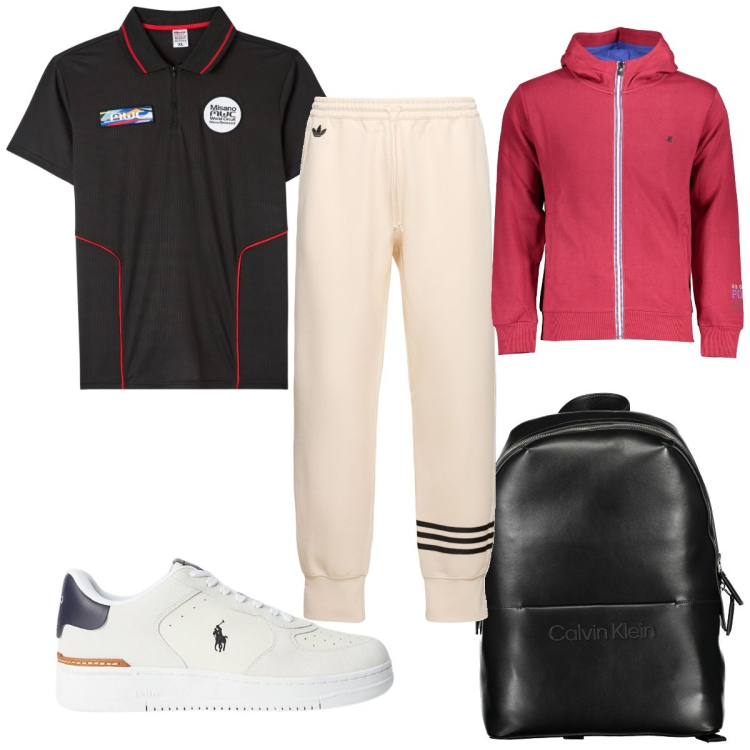 Outfit uomo - Total look #1922785. Stile Trendy per Sport. Abbinamento con polo, sneakers, felpe con cappuccio, borse sportive, pantaloni.