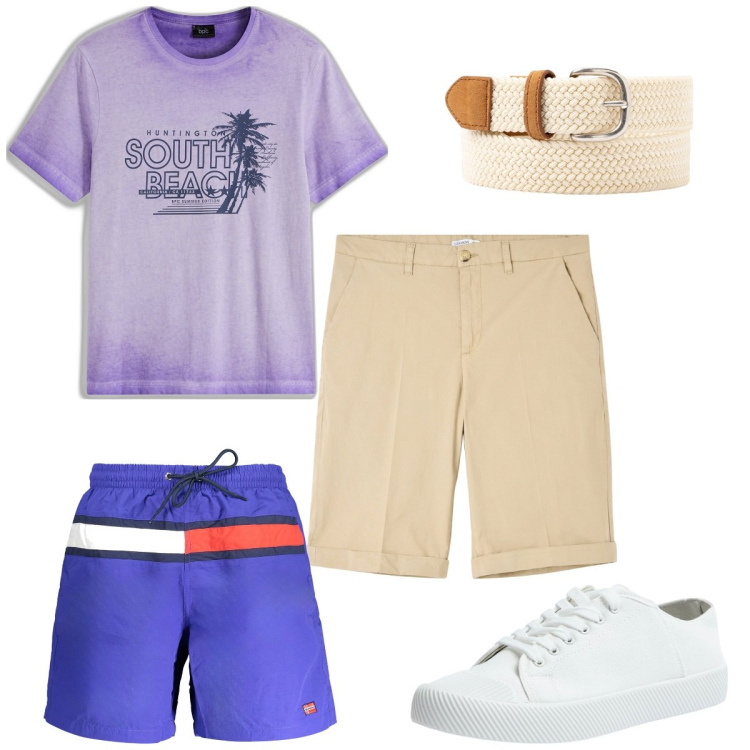 Outfit uomo - Total look #1922787. Stile Trendy per Mare. Abbinamento con t-shirt, bermuda, sneakers, cinture, costumi.