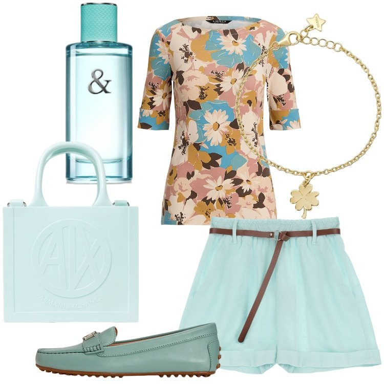 Outfit donna - Shorts e mocassini. Stile Bon Ton per Tutti i giorni. Abbinamento con profumi, braccialetti con ciondoli, shorts, mocassini, maglieria, borse a mano.