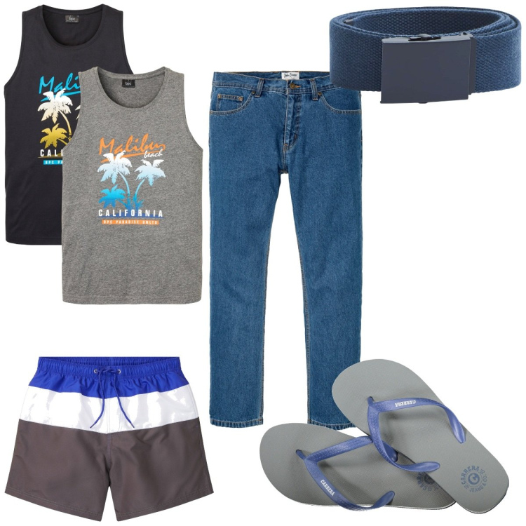 Outfit uomo - Total look #1922807. Stile Trendy per Mare. Abbinamento con jeans dritti, costumi, canottiere, cinture, sandali.