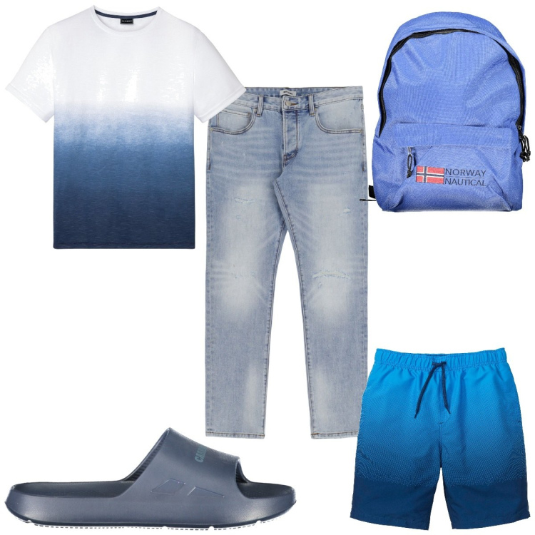Outfit uomo - Total look #1922809. Stile Trendy per Mare. Abbinamento con t-shirt, costumi, jeans slim fit, borse sportive, sandali.