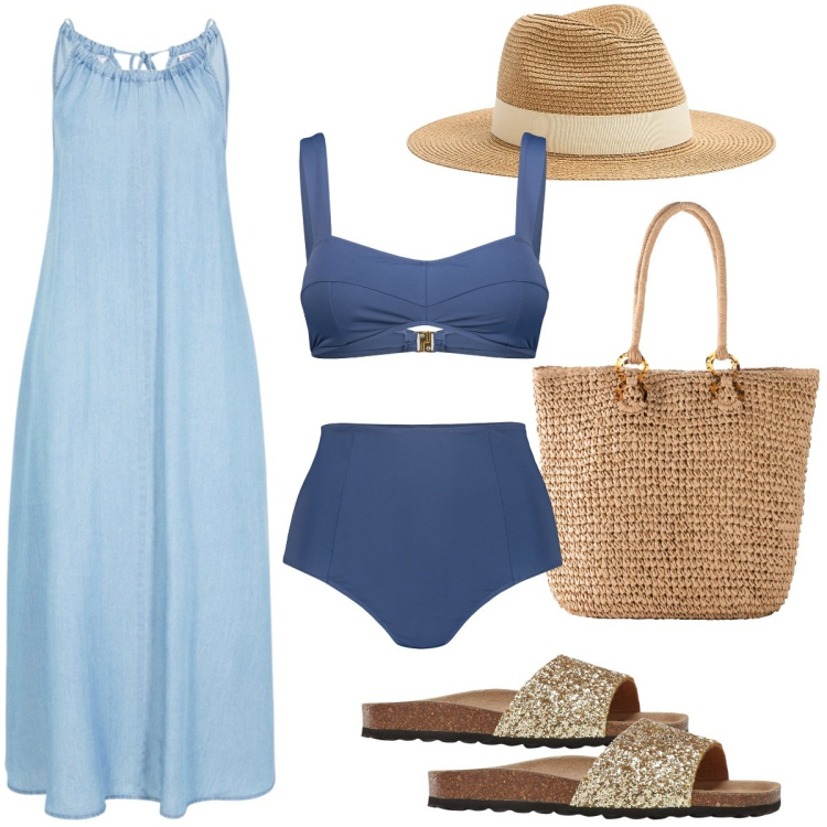 Outfit donna - Domenica al mare. Stile Bon Ton per Mare. Abbinamento con vestiti, ciabatte, shopping bag, cappelli, bikini.