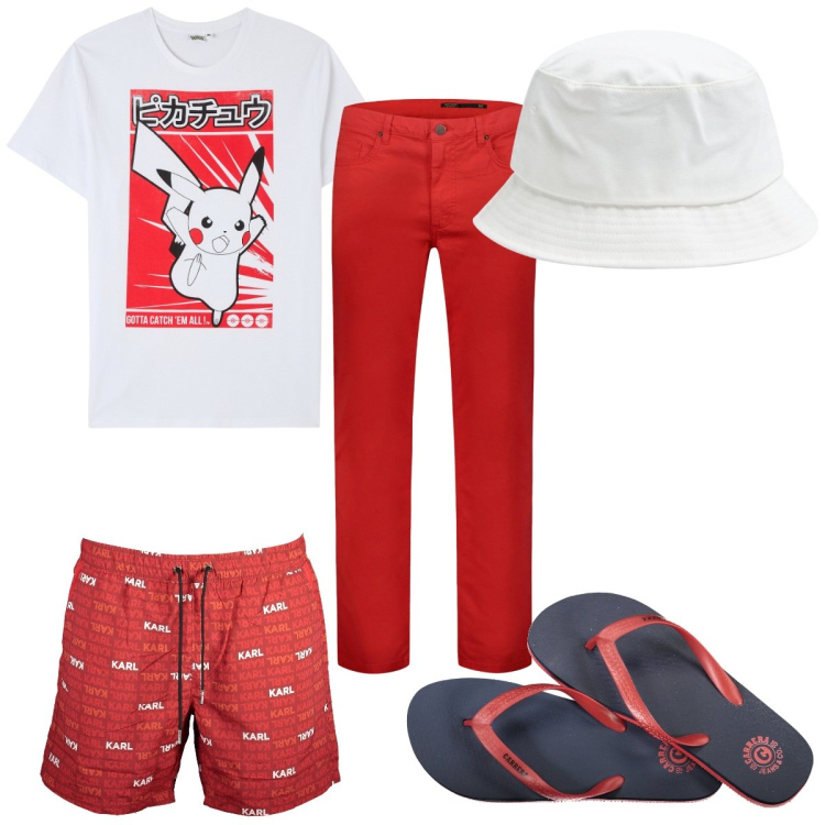 Outfit uomo - Total look #1922814. Stile Trendy per Mare. Abbinamento con cappelli, t-shirt, pantaloni, sandali, costumi.