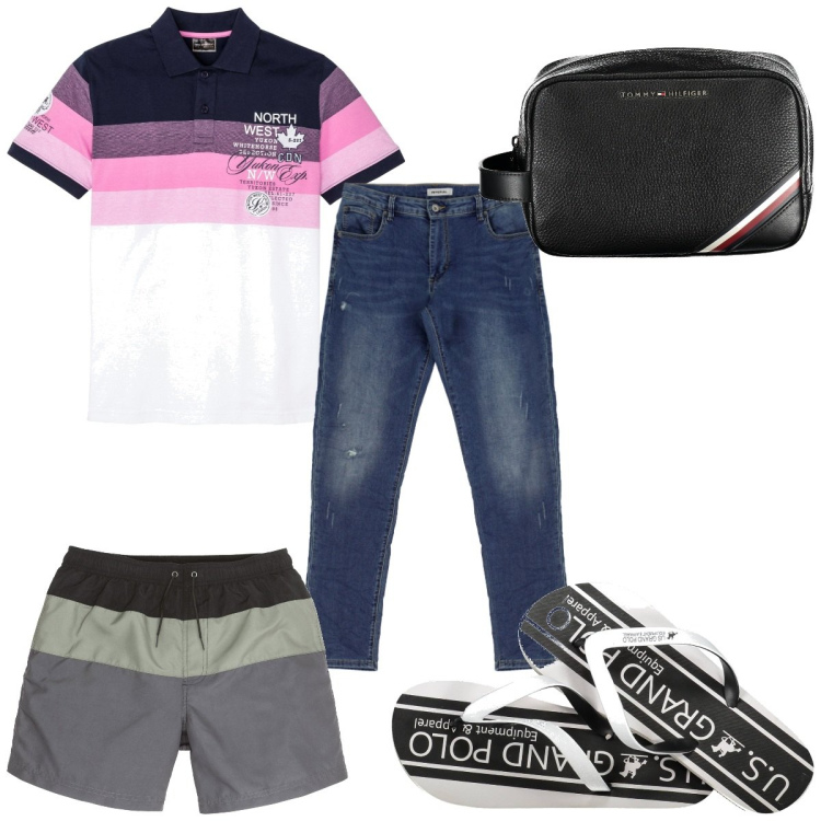 Outfit uomo - Total look #1922820. Stile Trendy per Mare. Abbinamento con polo, costumi, jeans slim fit, sandali, borse sportive.