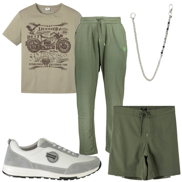 Outfit uomo - Total look #1922825. Stile Trendy per Mare. Abbinamento con t-shirt, costumi, collane, pantaloni, sneakers.