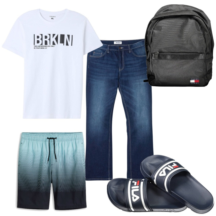Outfit uomo - Total look #1922832. Stile Trendy per Mare. Abbinamento con jeans bootcut, costumi, t-shirt, sandali, borse sportive.