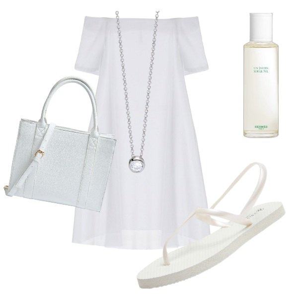 Outfit donna - bianco puro. Stile Basic per Tutti i giorni. Abbinamento con profumi, sandali, shopping bag, collane, vestiti corti.