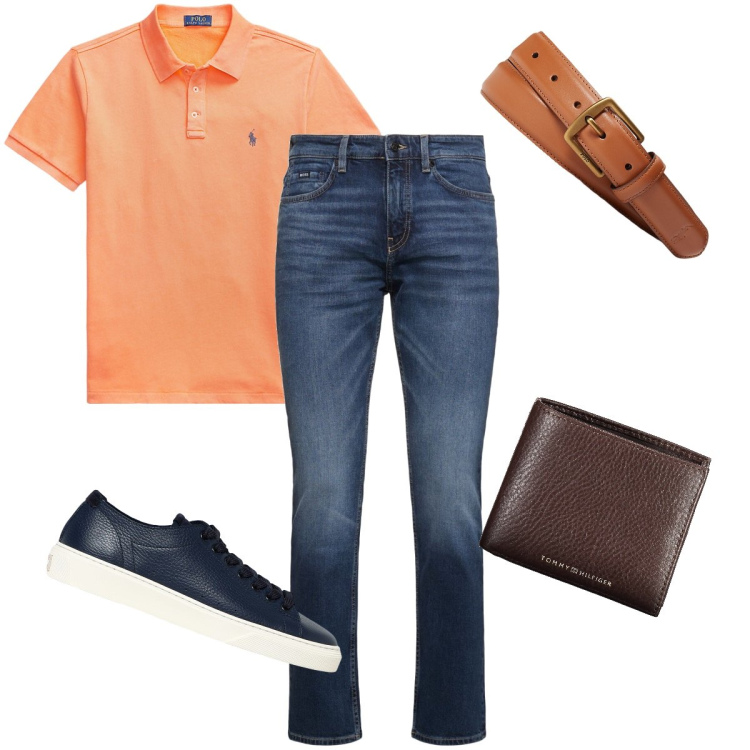 Outfit uomo - La polo arancione. Stile Urban per Ufficio. Abbinamento con cinture, polo, sneakers, jeans, portafogli.