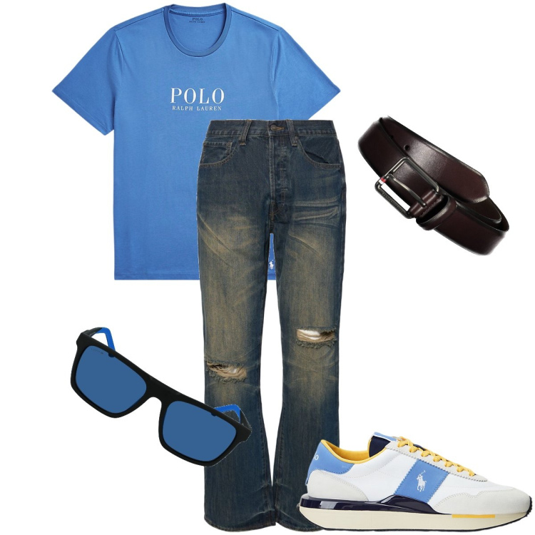 Outfit uomo - Jean strappati. Stile Casual per Tutti i giorni. Abbinamento con t-shirt, sneakers, jeans dritti, cinture, occhiali da sole.