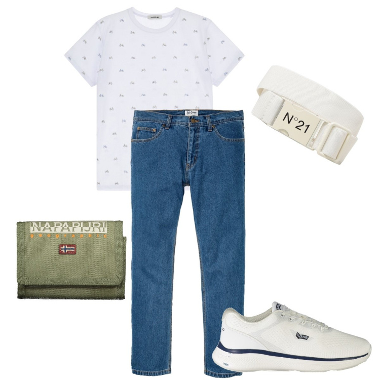 Outfit uomo - La cintura bianca. Stile Casual per Tutti i giorni. Abbinamento con jeans dritti, t-shirt, portafogli, sneakers, cinture.